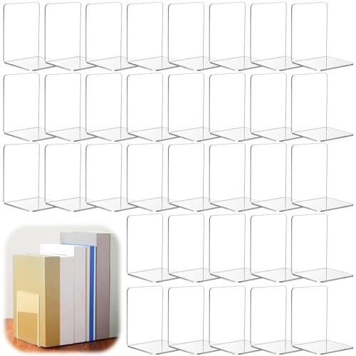 Maitys 32 Pcs Plastic Book Ends Bulk Clear Acrylic Bookends for Shelves Decorative Book Organizer Heavy Duty Holder Offi