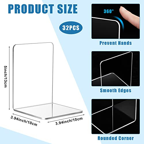 Maitys 32 Pcs Plastic Book Ends Bulk Clear Acrylic Bookends for Shelves Decorative Book Organizer Heavy Duty Holder Offi