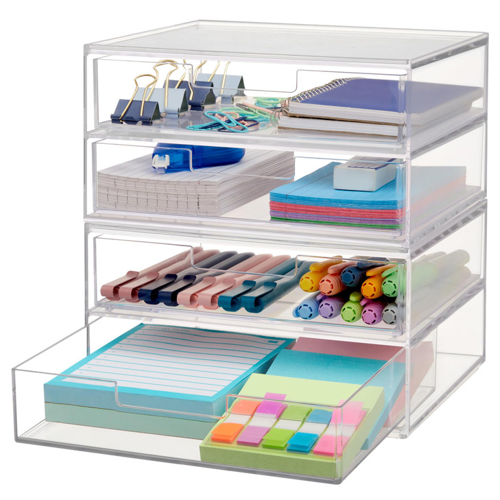 STORi Chloe SpaceSaving Clear Drawer Organizer 4 Wide Drawers Sort Office Kitchen Beauty Supplies Makeup Pens Jewelry St