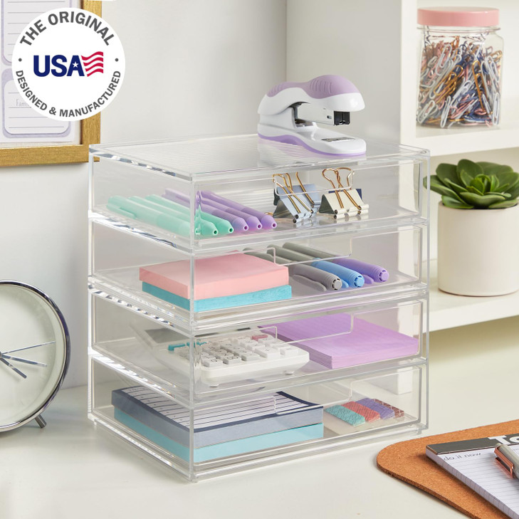 STORi Chloe SpaceSaving Clear Drawer Organizer 4 Wide Drawers Sort Office Kitchen Beauty Supplies Makeup Pens Jewelry St