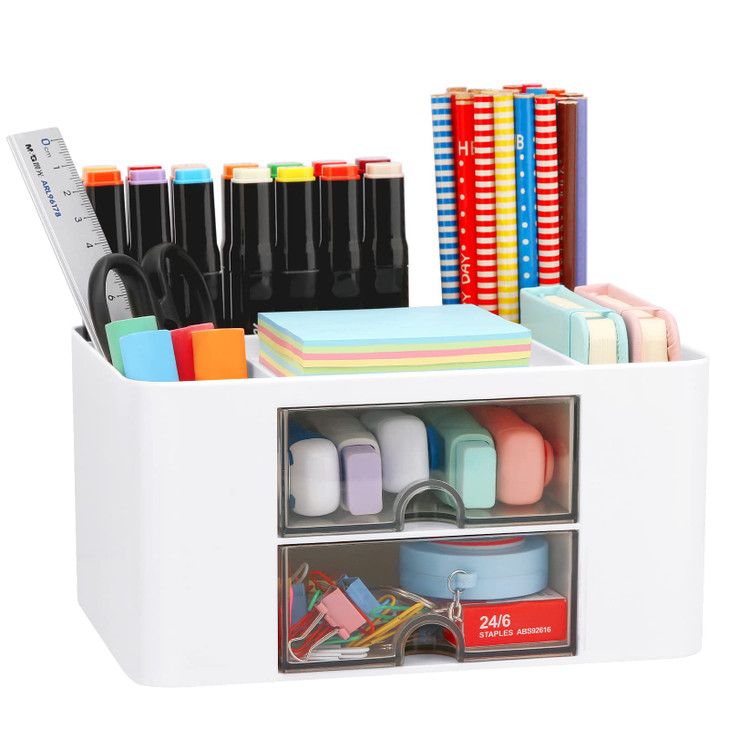 Desk Organizer with 2 Drawer Plastic Desktop Pen Pencil Card Holder Storage Box for Desk Office Supplies Vanity Table Of