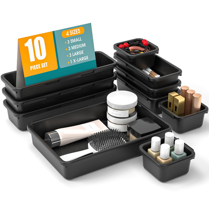 10 PCS Drawer Organizer Set 4 Size Makeup Drawer Divider Organizer With NonSlip Pads Interlocking Plastic Storage Bins f