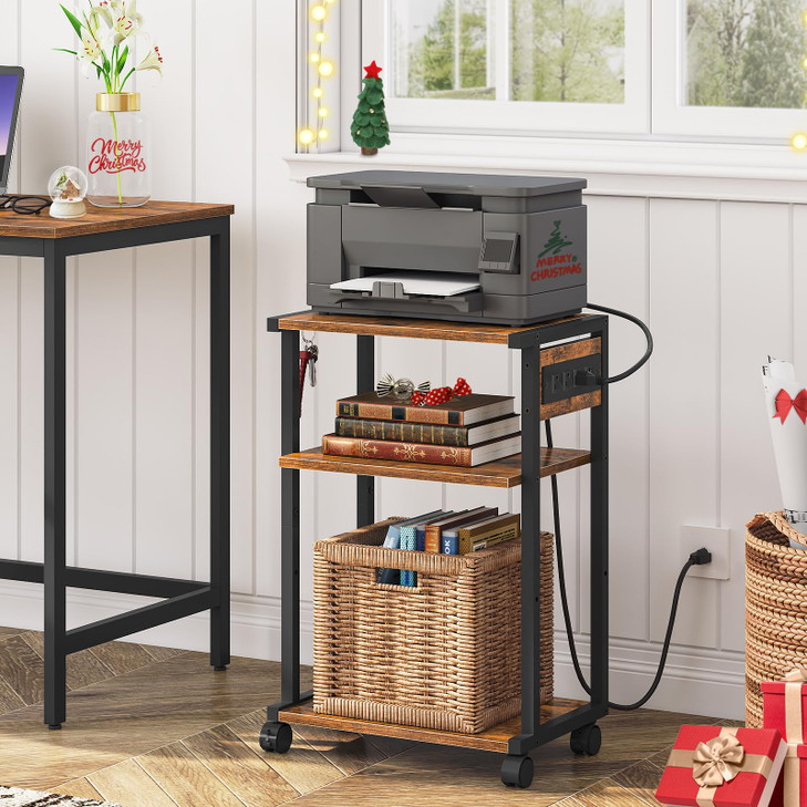HOOBRO Industrial Printer Stand with Charging Station 3Tier Printer Table Rolling Printer Cart with Adjustable Shelf and