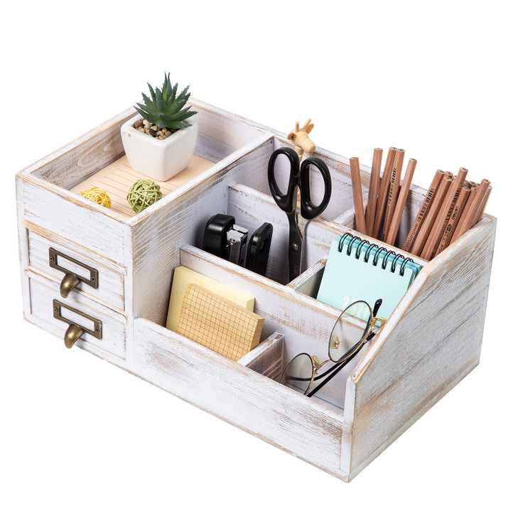 Distressed Rustic Wooden Office Desktop Organizer Shelf Tabletop Home Organizer Storage with Multiple Compartments 2 Tie