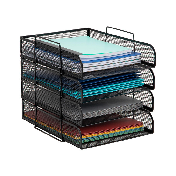 Mind Reader Stackable Paper Tray Desktop Organizer File Storage Office Metal Mesh 105 L x 135 W x 1125 H 4 Pcs Black