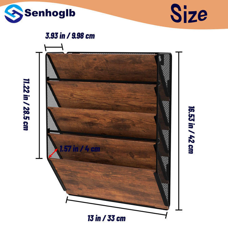 Senhoglb Metal Wall File Holder Organizer 5Tier Mesh Hanging Wall File Organizer Magazine Rack With Pockets Wood Documen