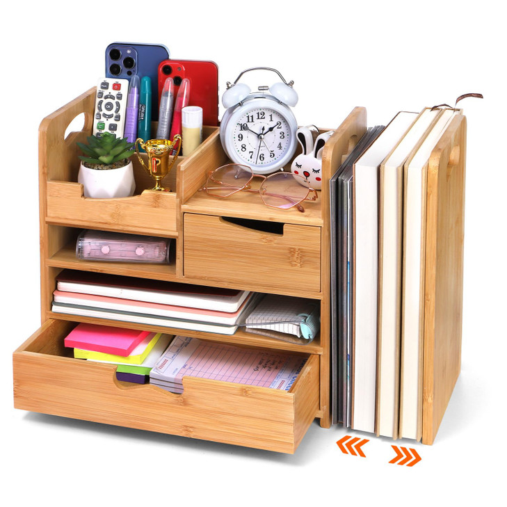 ZOOFOX Bamboo Desk Organizer with Adjustable File Holder Mail Organizer Countertop with Drawer 4Tier Desktop Organizatio