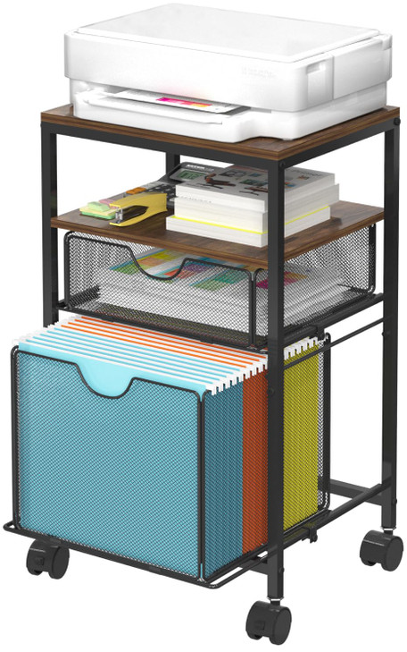 BOHDK Rolling File Cart with 2 Storage Drawers Wood Mesh Hanging File Folder Organizer with Wheels Under Desk File Cabin