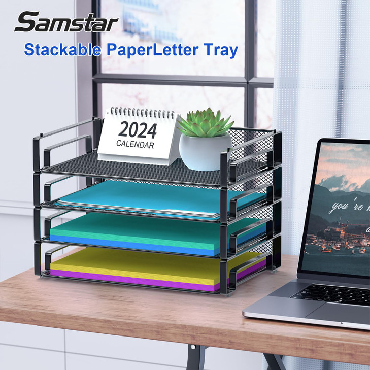 Samstar 4 Pack Stackable Letter Paper Tray Desk File Organizer Paper Sorter for LetterA4 Size Folders Documents Mesh Mad