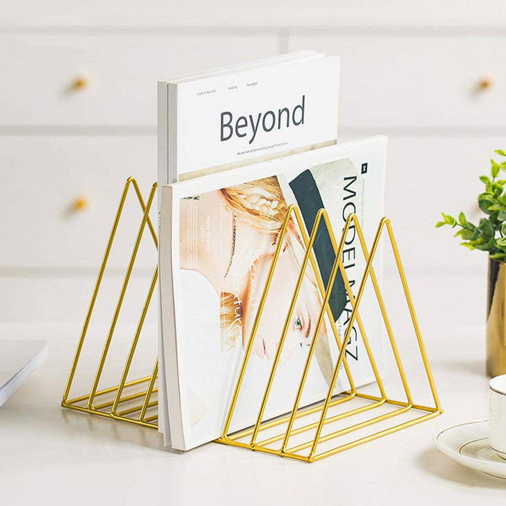 Sooyee 9 Slot Gold Magazine HolderDesktop File Sorter Organizer Triangle Bookshelf Decor Home Office