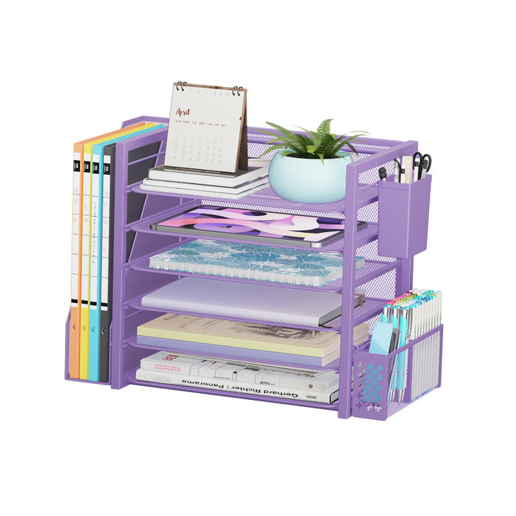 Simple Trending 6 Tier Desk File Organizer Paper Letter Tray Organizer with File Holder and Pen Container Purple