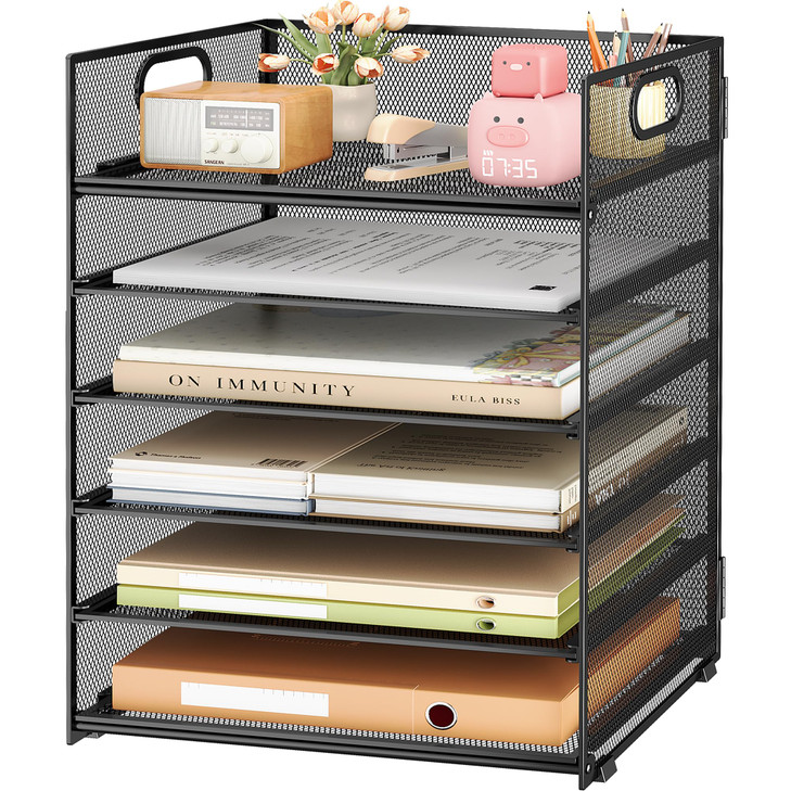 Subekyu 6 Tier Paper File Tray Organizer for Desk Black Mesh Desk Letter Paper File Folder Accessories Sorter Organizer