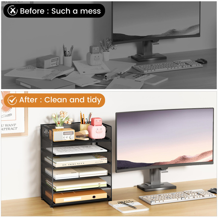 Subekyu 6 Tier Paper File Tray Organizer for Desk Black Mesh Desk Letter Paper File Folder Accessories Sorter Organizer