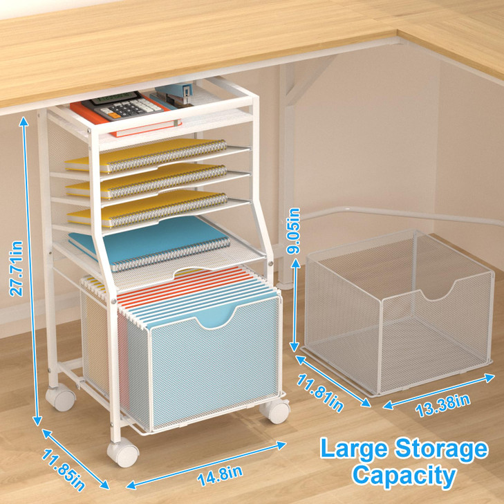 BOHDK Rolling File Cart 6Tier Desk File Organizer on Lockable Wheels White Wood Planks Mesh Sliding Hanging Folder Drawe