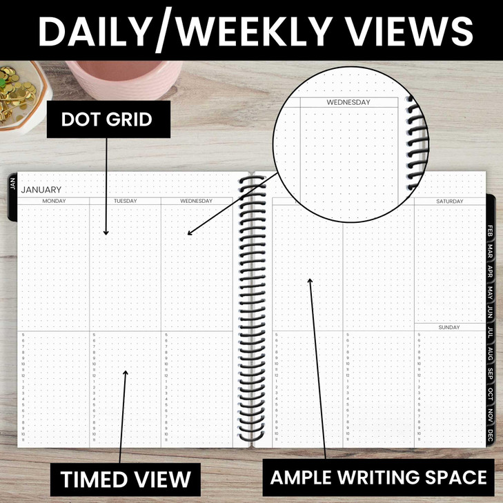 bloom daily planners Undated Dot Journaling Calendar Planner Essential WeeklyMonthly Grid Style Agenda Book 7 x 9 V2