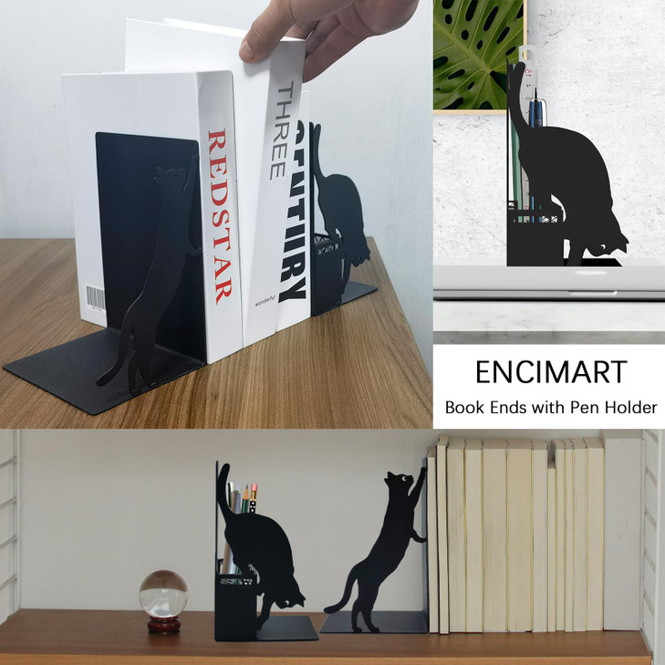 Cat Book Ends for Shelves Metal Decorative Book Ends with Pen Holder Fun Unique Bookends Cool Black Cat Bookends for Hom