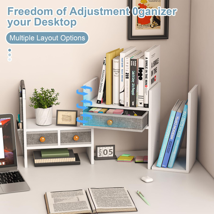 Xcosrack Adjustable Desk Shelves for Storage Desktop Bookshelf with 3 Drawers White Wood Desk Shelf for Top of Desk Corn