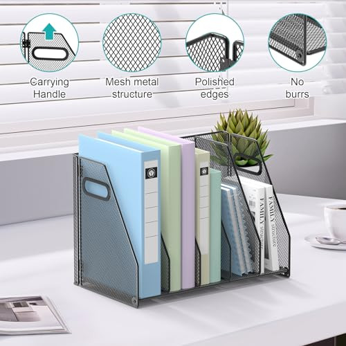 VEESUN Desk Organizers Metal Desk Magazine File Holder Binder Holder with 5 Vertical Compartments Rack File Organizer fo