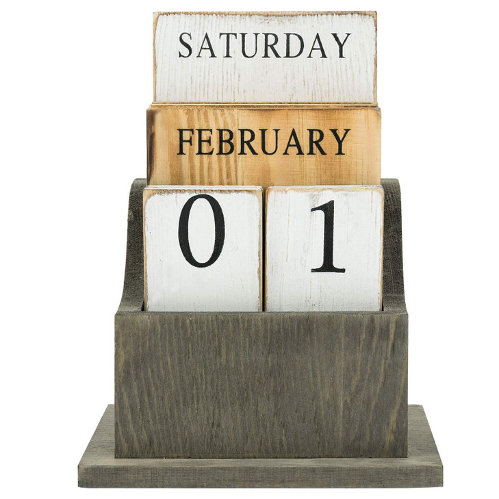 MyGift Solid Wood Perpetual Desk Calendar in Vintage Gray Finish with Wooden Tiles Month Date and Day Home and Office De