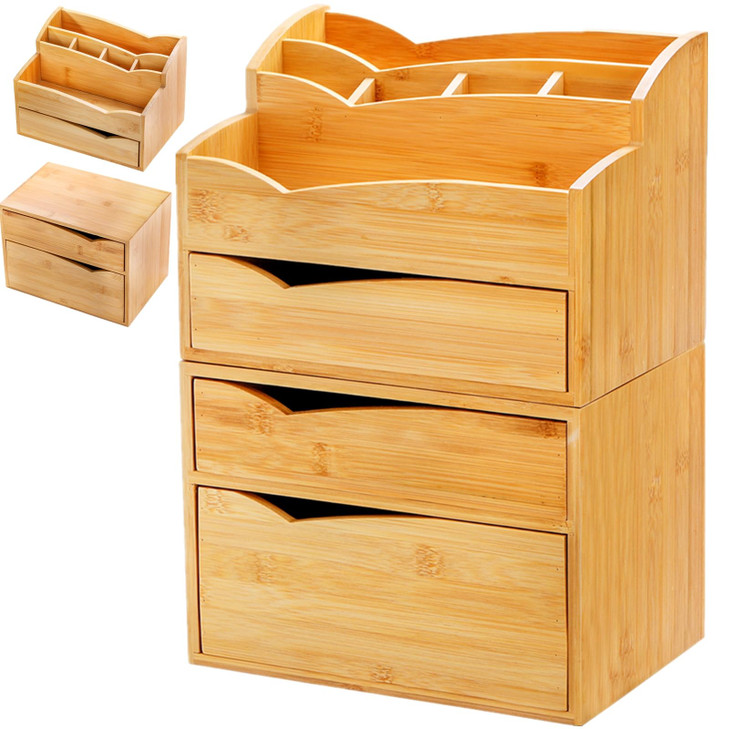 Yopay 2 Pack Bamboo Desk Organizer Stackable Desktop Organizers with 3 Drawers Bamboo Office Tabletop Countertop Organiz