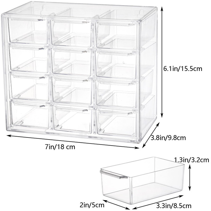 YOUEON 2 Pack Mini Desk Organizer with 12 Removable Drawers Clear Plastic Desktop Drawer Organizer Desk Craft Storage Bo