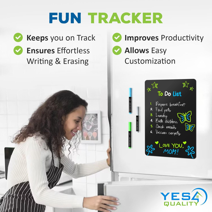 Magnetic Black Dry Erase Board for Fridge 17 x 11 inch StainResistant w 3 Magnetic FineTip Neon Chalk Markers Eraser by