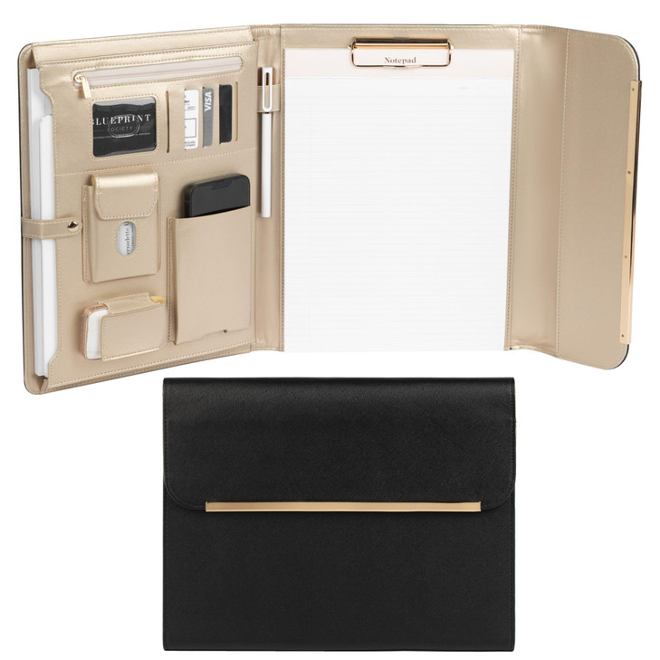 BLU MONACO Black Vegan Leather Portfolio Binder for Women Professional Padfolio with Magnetic Closure Gold Trim Business