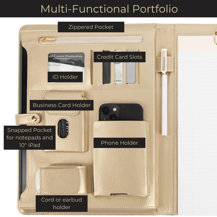 BLU MONACO Black Vegan Leather Portfolio Binder for Women Professional Padfolio with Magnetic Closure Gold Trim Business