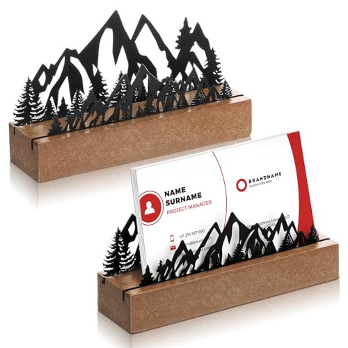 CroBlissful 2 Pcs Mountain Business Card Holders for Desk WoodMetal Black Mountain Range Forest Silhouette Business Card