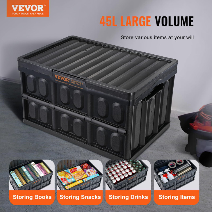 VEVOR 45L Collapsible Storage Bins with Lids 3 Packs Stackable Utility Crates with Handles Large Folding Containers for