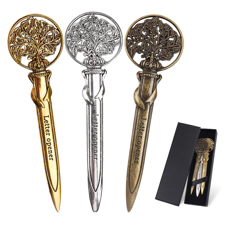Vintage Metal Letter Opener Antique Pack of 3 Envelope Slitter with Gift Box Ancient Tree Shaped Mail Opener for Office