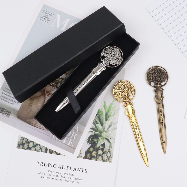 Vintage Metal Letter Opener Antique Pack of 3 Envelope Slitter with Gift Box Ancient Tree Shaped Mail Opener for Office