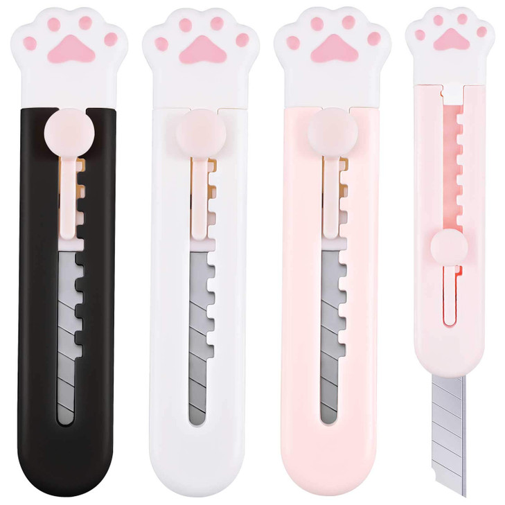 Honoson 6 Pcs Cute Box Cutter Utility Retractable Knives Cartoon Cat Lovely Paw Box Cutter Pointed Cute Cardboard Razor