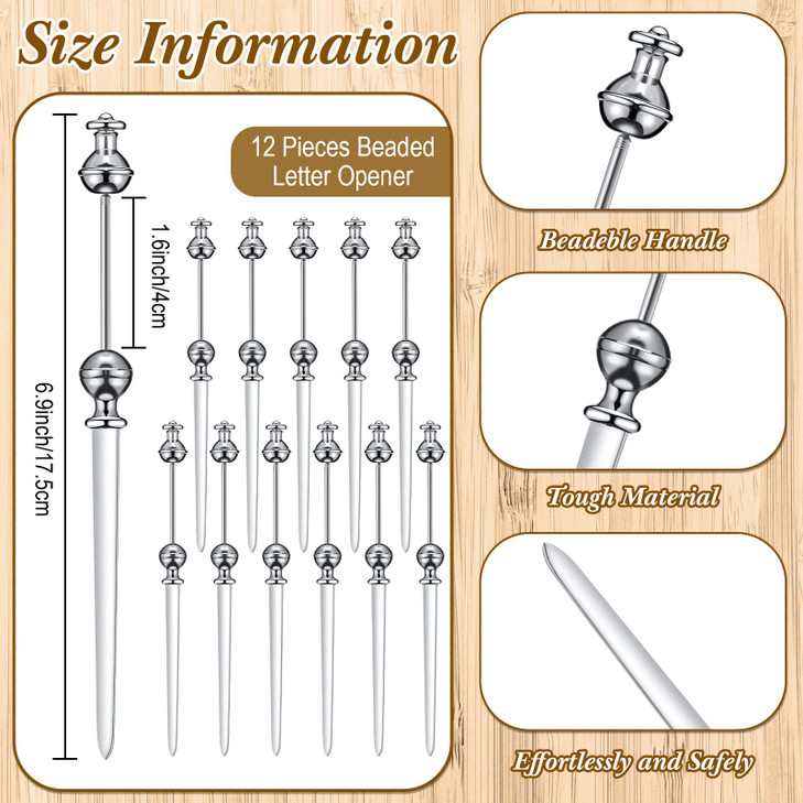 Outus 12 Pieces Beaded Metal Letter Opener Envelope Knife Beadable Letter Opener Stainless Steel Slitter for Gift Office