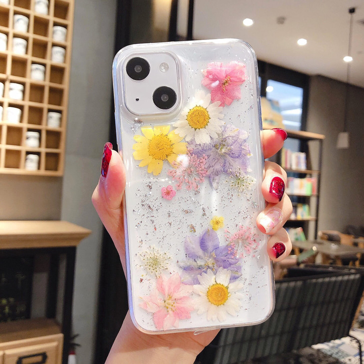 EYZUTAK Case for iPhone 16 Plus, Bling Glitter Sequin Handmade Real Dried Flowers Leaf Clear Crystal Aesthetic Case Embedded Pressed Floral Soft Rubb