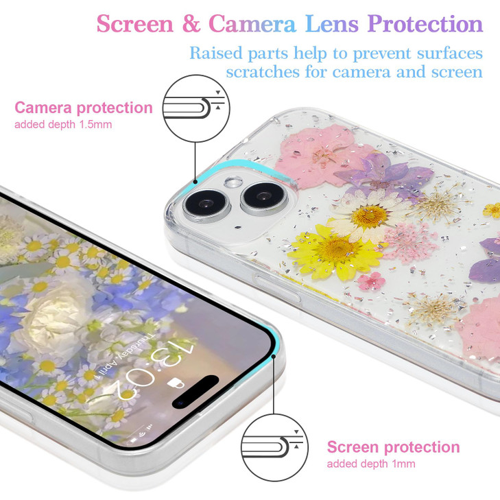 EYZUTAK Case for iPhone 16 Plus, Bling Glitter Sequin Handmade Real Dried Flowers Leaf Clear Crystal Aesthetic Case Embedded Pressed Floral Soft Rubb