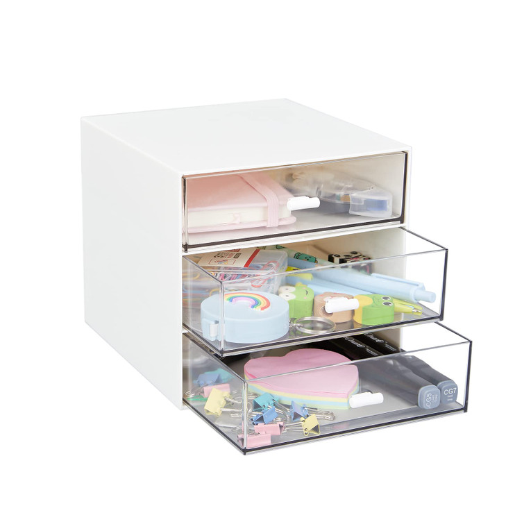 Desk Organizer with 3 Drawers Clear Plastic Desk Storage Box Desktop Organization for Office Supplies Gel Pens Pencils M