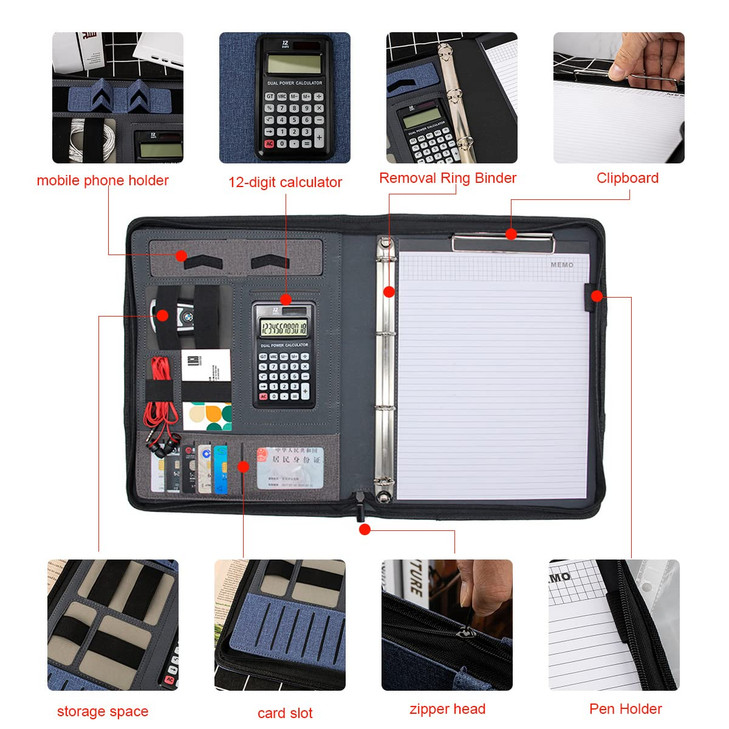 Zippered Padfolio Folder A4 MultiFunction Portfolio Leather Combination casewith Notebook Calculator Business Conference