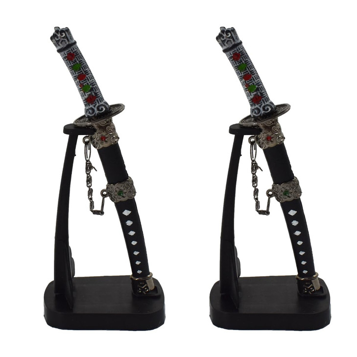 TUICARE 2pcs Mini Japanese Samurai Katana Sword Paper Knife Letter Opener Includes black Scabbard and Display Stand fit