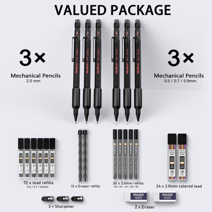 Nicpro Metal Mechanical Pencil Set 3PCS Art Drafting Pencil 05 07 09MM 2PCS 2MM Mechanical Drawing Pencils with 126 Lead