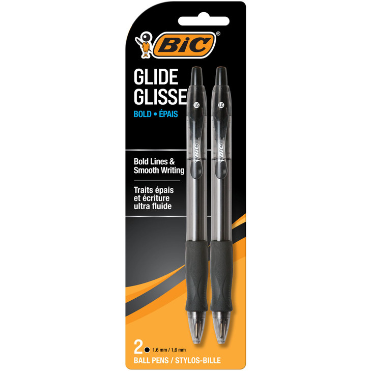 BIC Glide Bold Black Ballpoint Pens, Bold Point 1.6mm, 2-Count Pack, Retractable Ballpoint Pens
