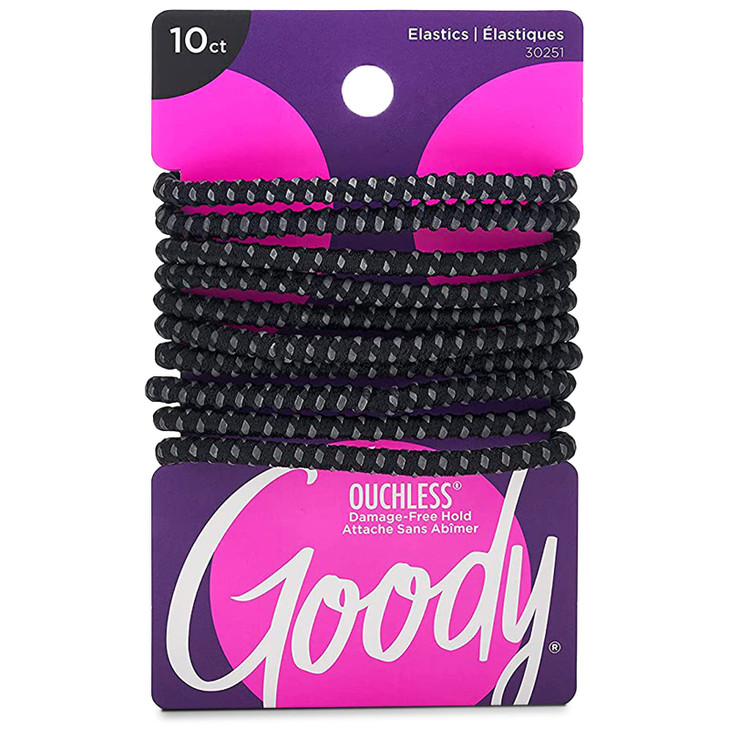 Goody Ouchless No Slip Hair Ties, 10 Ct, Black, 4MM Rubber Bands, SlideProof, Pain-Free Styling