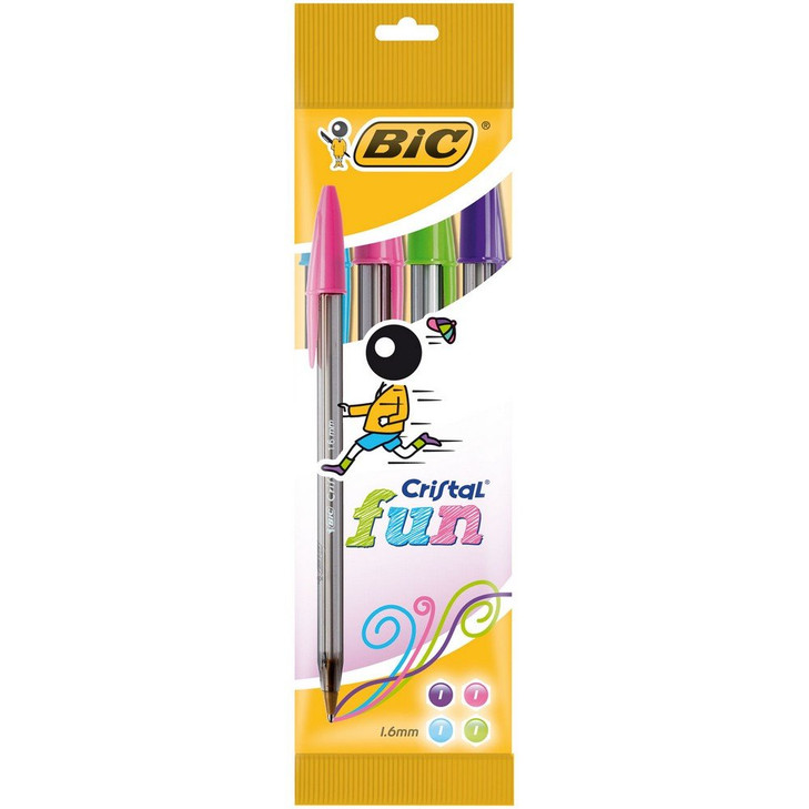 BIC Cristal Fun Ballpoint Pens - Pack of 4- Assorted Colours - Wide Point 1.6 mm - Exciting and