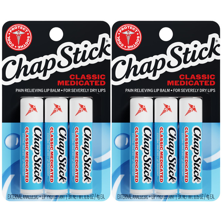 ChapStick Classic Medicated 3-Pack 2 Sets/6 Tubes - Moisturizing Lip Balm, Dry Lips & Cold Sore