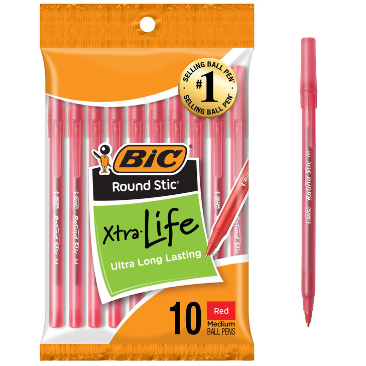 BIC Round Stic Xtra Life Red Ballpoint Pens, Medium Point 1.0mm, 10-Count Pack of Bulk Pens