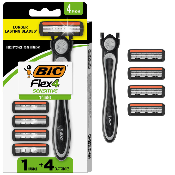 BIC Flex 4 Mens Refillable 4-Blade Razors with 1 Handle and 4 Cartridges, Pivoting Head and