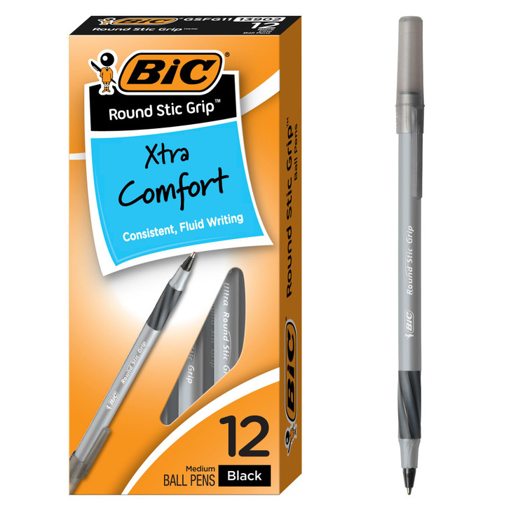 BIC Round Stic Grip Xtra Comfort Black Ballpoint Pens, Medium Point 1.2mm, 12-Count Pack, Perfect