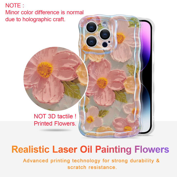 EYZUTAK Case for iPhone 16 Pro Max, Colorful Retro Oil Painting Printed Flower Laser Glossy Pattern Cute Curly Wave Edge Exquisite Phone Cover Stylis