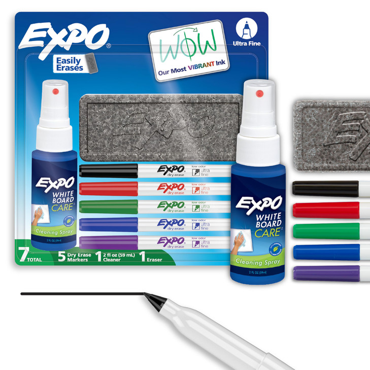 EXPO Dry Erase Markers Kit, Ultra Fine Tip, Assorted Colors, Eraser, Spray Cleaner, 7 Count