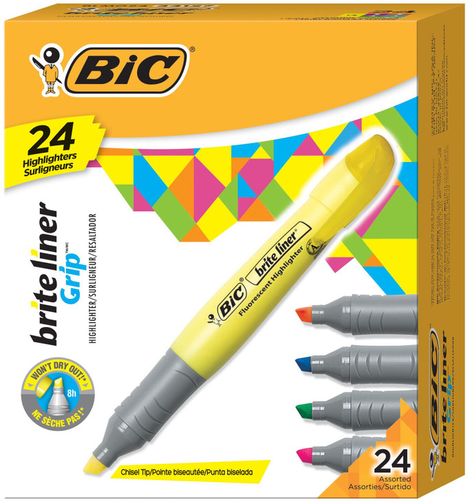 BIC Brite Liner Grip XL Highlighter, Chisel Tip, Assorted Colors, For Broad Highlighting & Fine